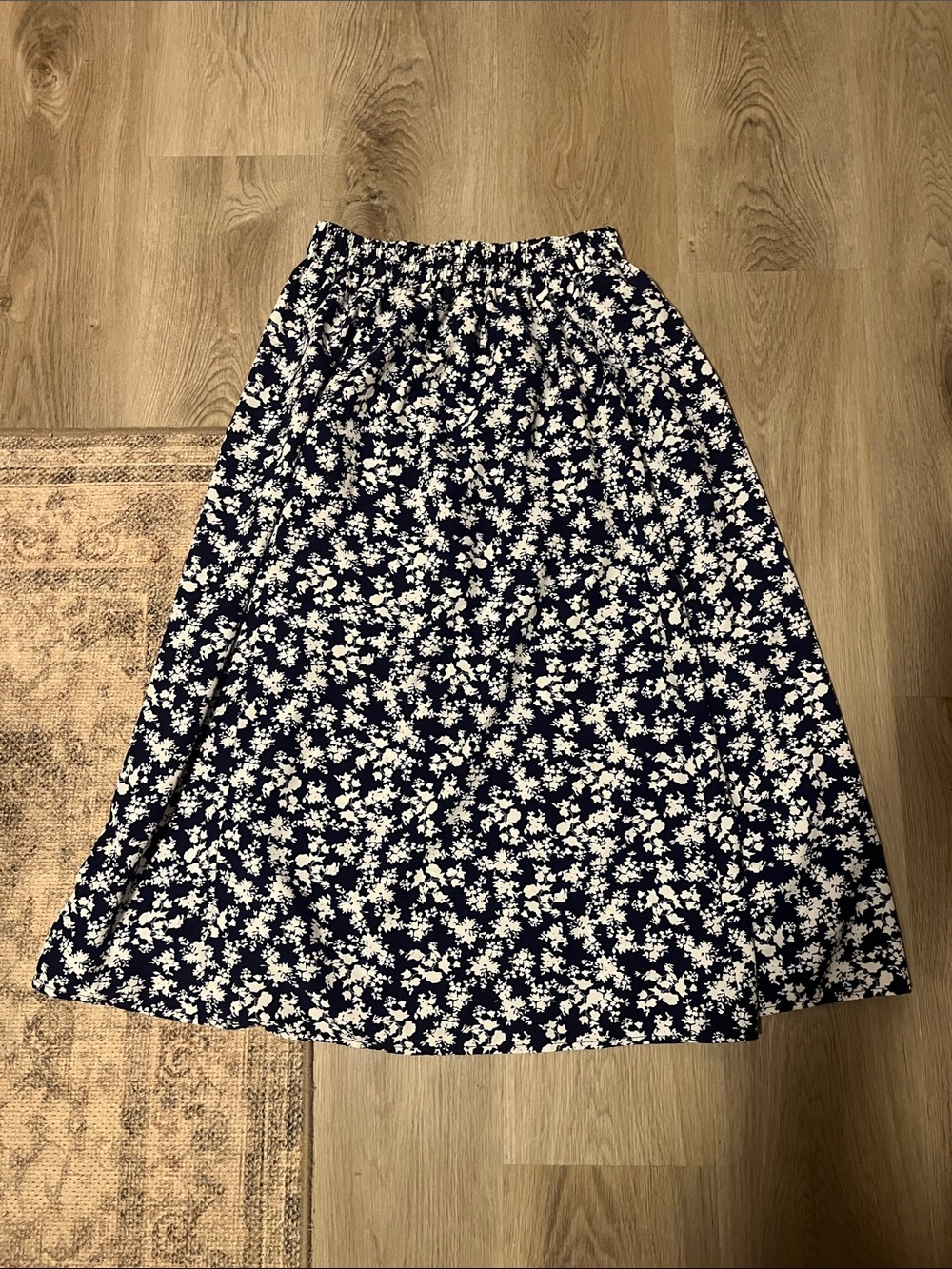 Navy Blue Floral A-Line Midi Skirt